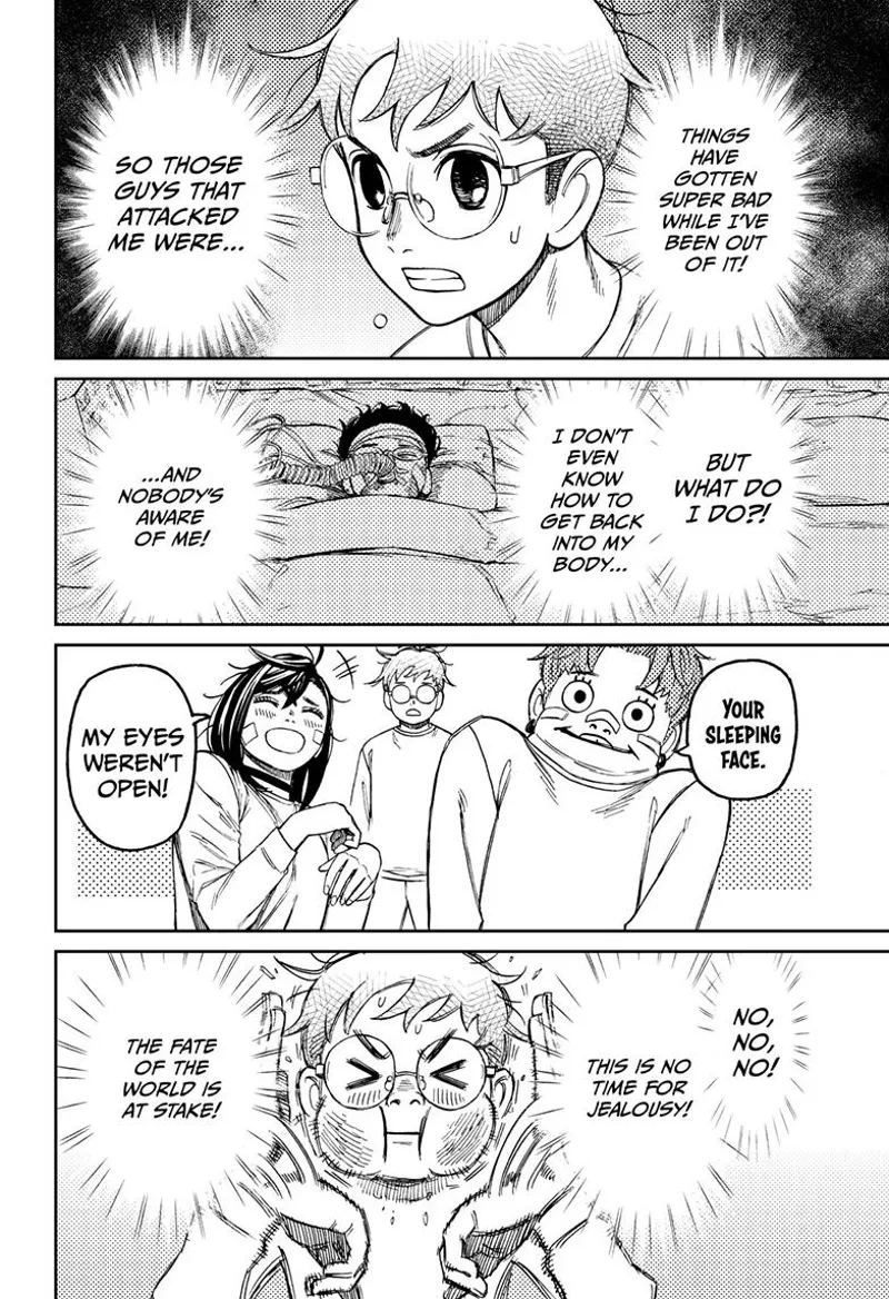 Okarun analyzes his situation. He sees Jiji making goofy faces while Momo laughs. Okarun avoids the distraction.