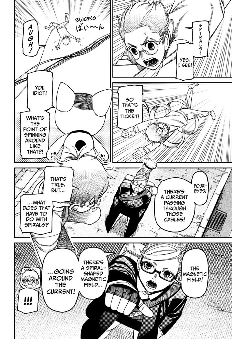 Okarun jumps at the cables but gets deflected again. Grandma tells him about the magnetic fields.