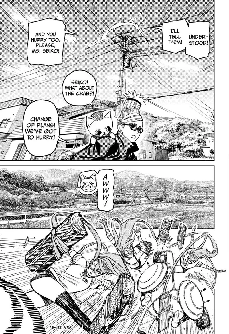 Okarun moves inside the phone lines above the electric post. Cursed Aira is training with Mr. Shrimp with wood.