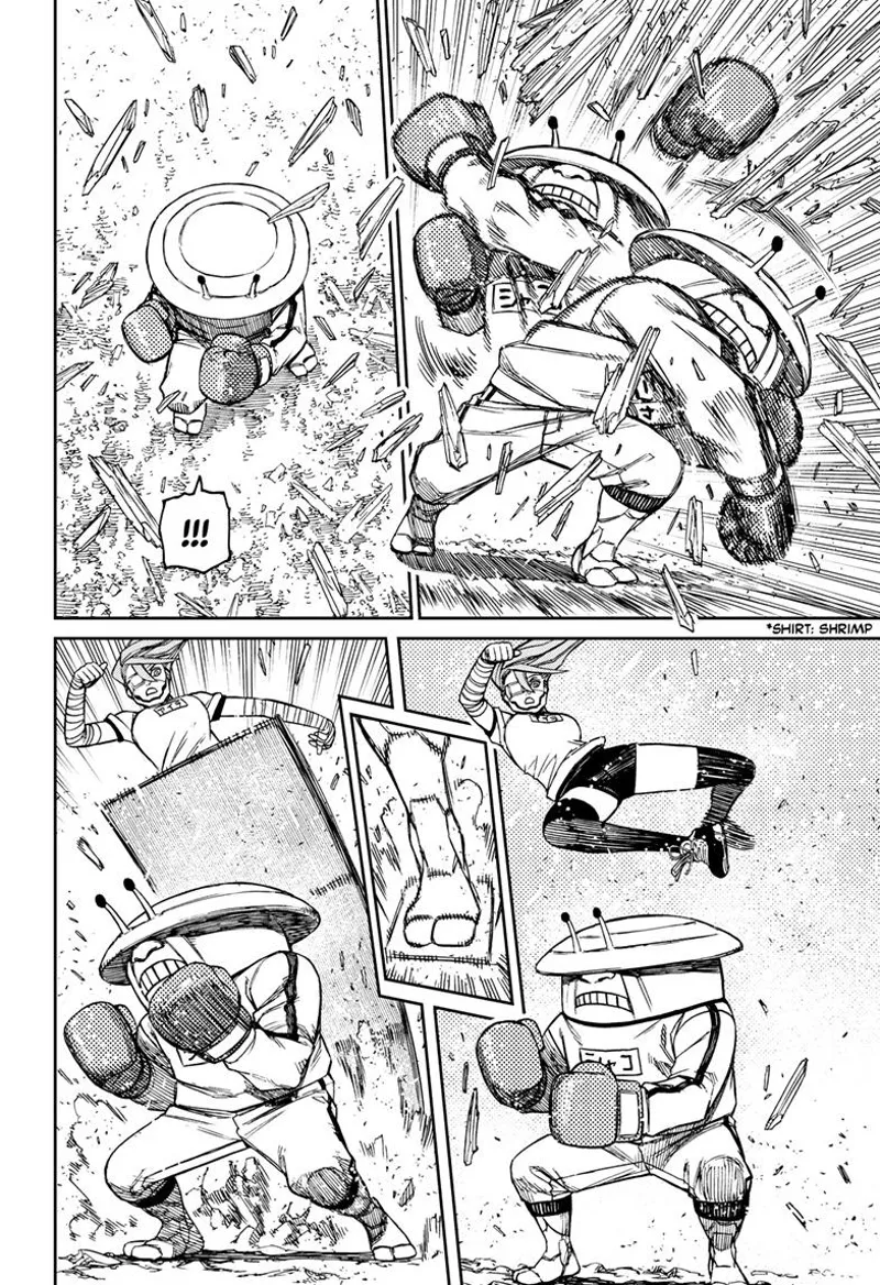 Mr. Shrimp punches and destroys the wood trunks. Cursed Aira attacks him from behind, but he blocks with a plank.