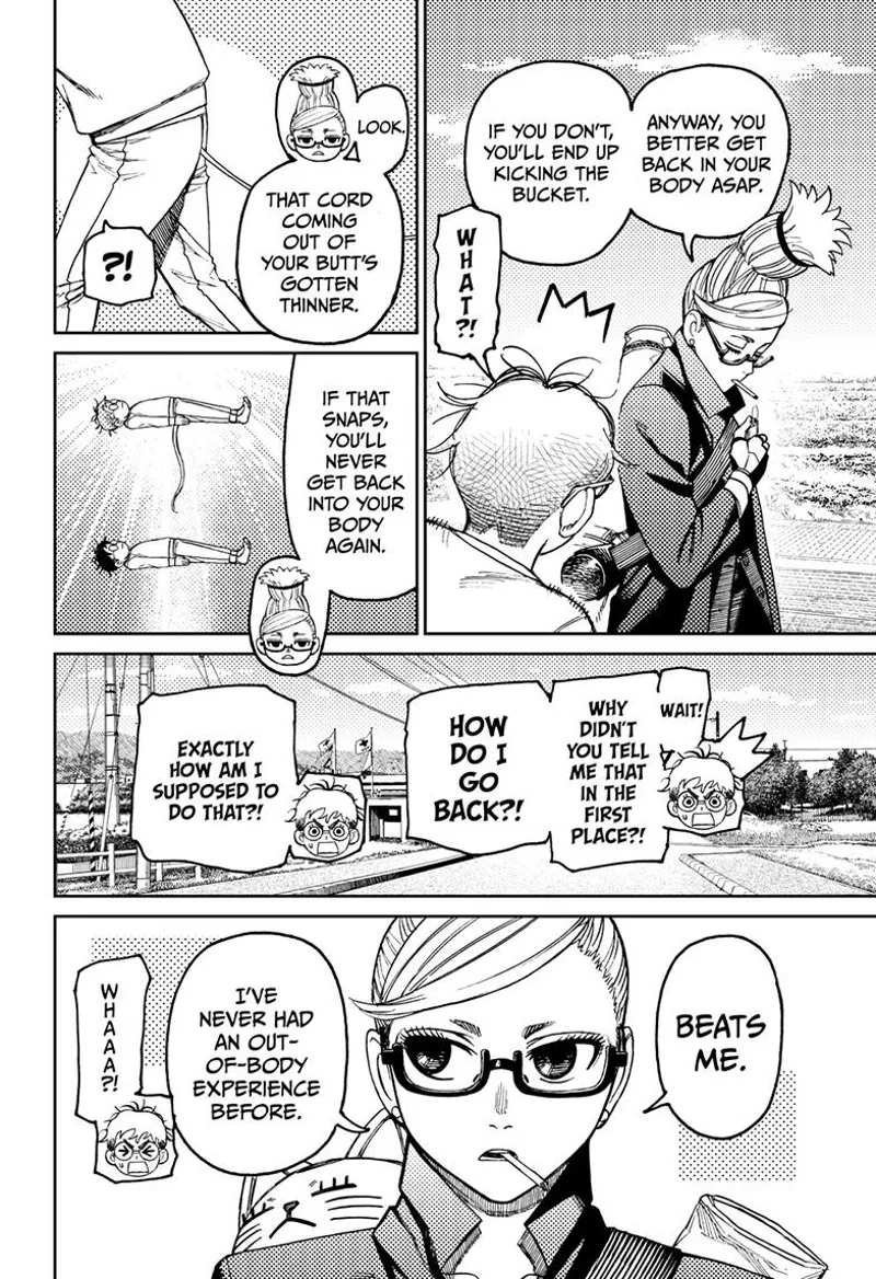 Grandma tells Okarun to return to his body asap or else he won't be able to if the cord behind him snaps.