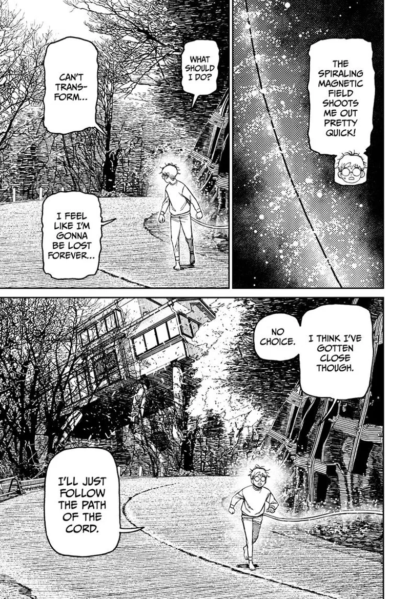 Okarun walks and runs following the cord. Grandma's transformed house passes behind him.