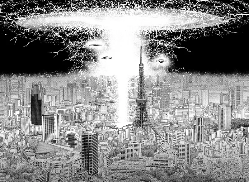 A powerful light with lightning appears above the city with three flying saucers flying above.