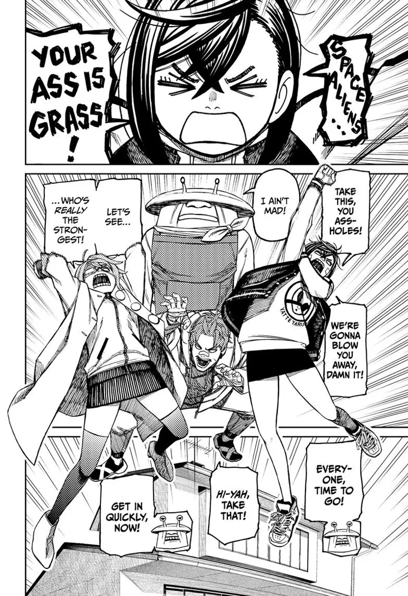 Momo, Jiji, and Aira get pumped up to fight the space aliens. Mr. Shrimp remains calm.