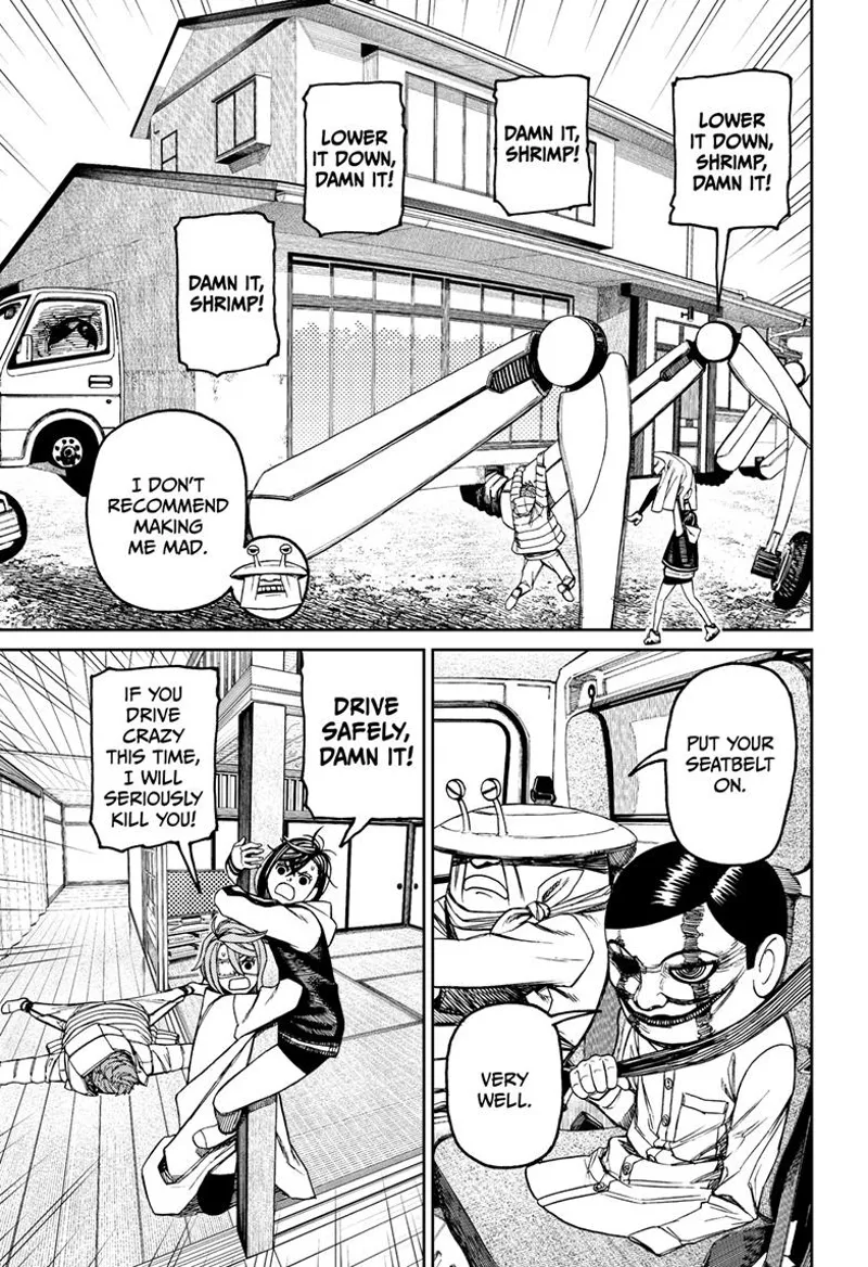 Momo, Aira, and Jiji struggle to get to the transformed house. Momo and Aira are grabbing the pole.