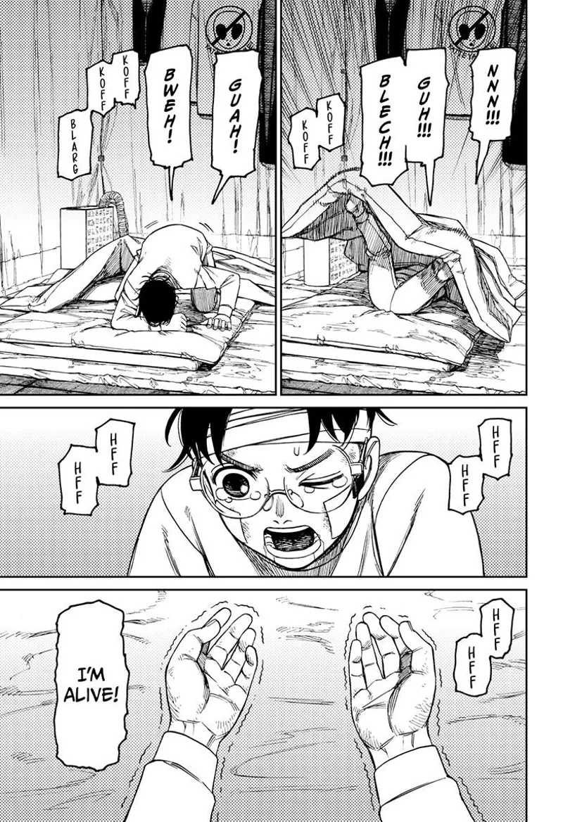 Okarun wakes up and shivers, exclaiming he is still alive.