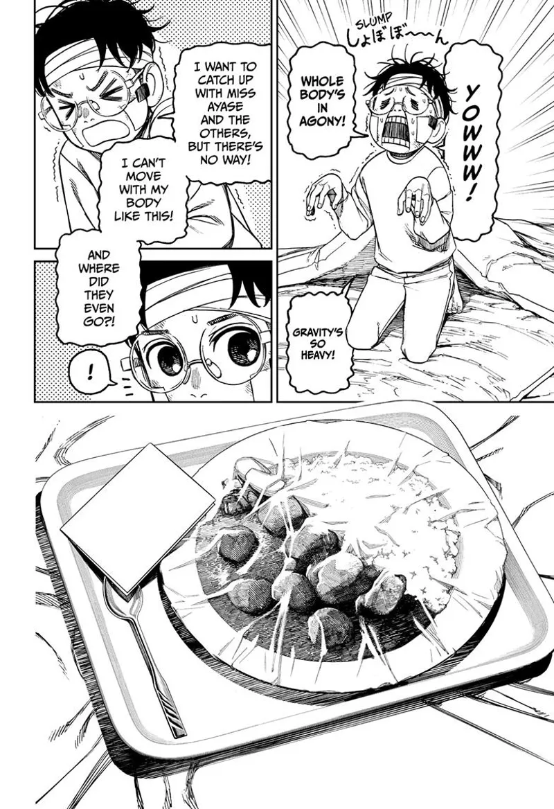 Okarun's body is aching. He sees food nearby.