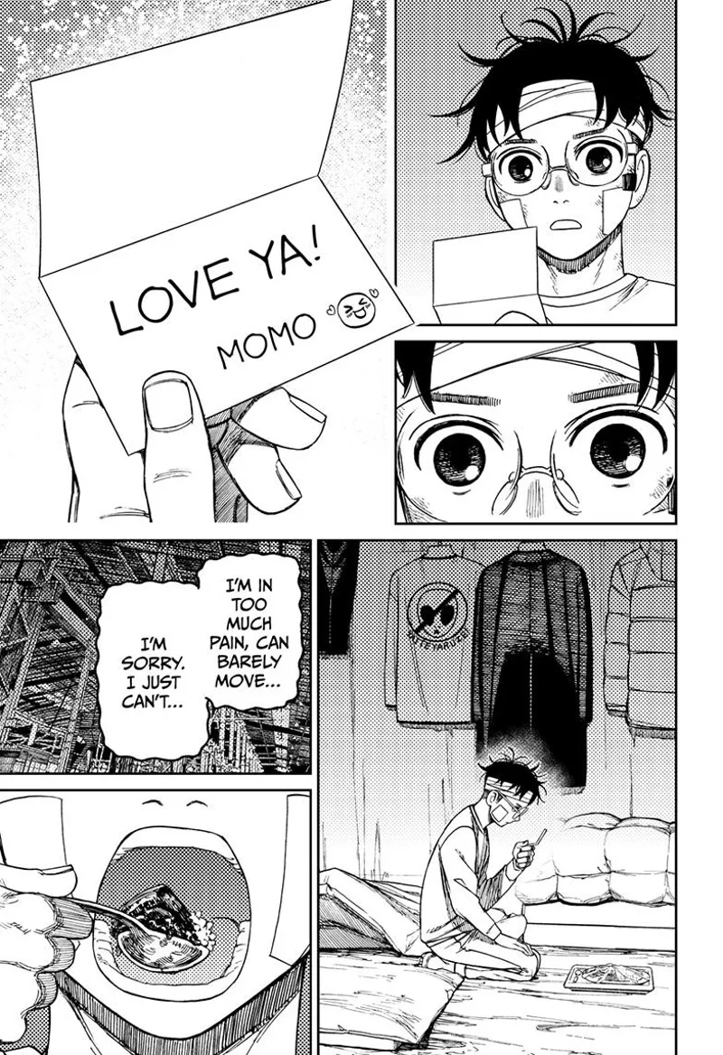 Okarun reads a note that says "Love Ya! - Momo". He eats the food.