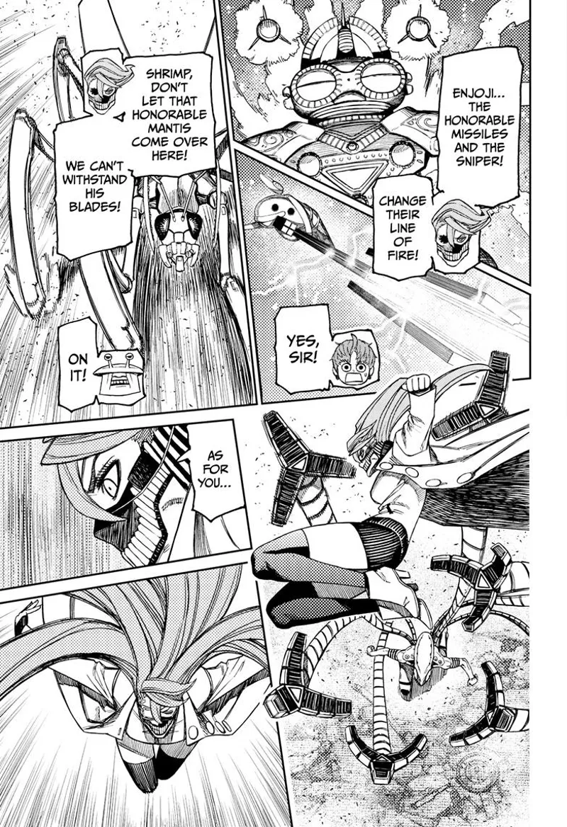 Cursed Aira tells Jiji to fend off the missiles & lasers and Mr. Shrimp to fight the mantis. She attacks the tentacle alien.