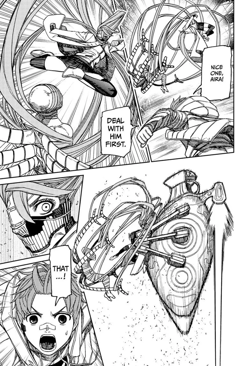 Cursed Aira attacks the tentacle alien, but the huge alien appears behind her and restrains her.