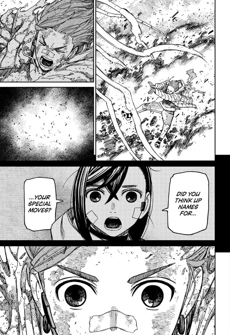 Jiji fires his "Haa Wave" and deflects the missiles, making them explode behind him. He recalls Momo's naming advice.