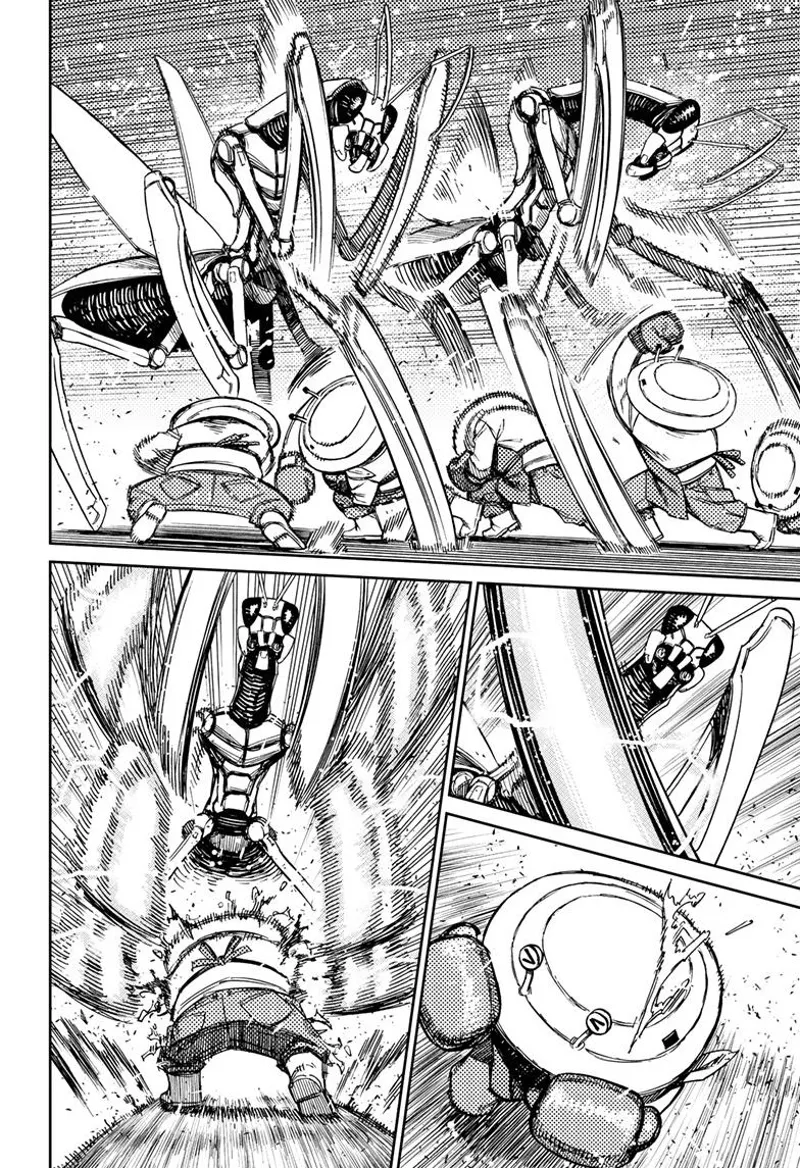 Mr. Shrimp fights the alien that looks like a praying mantis. He defends as the alien attacks him continuously.