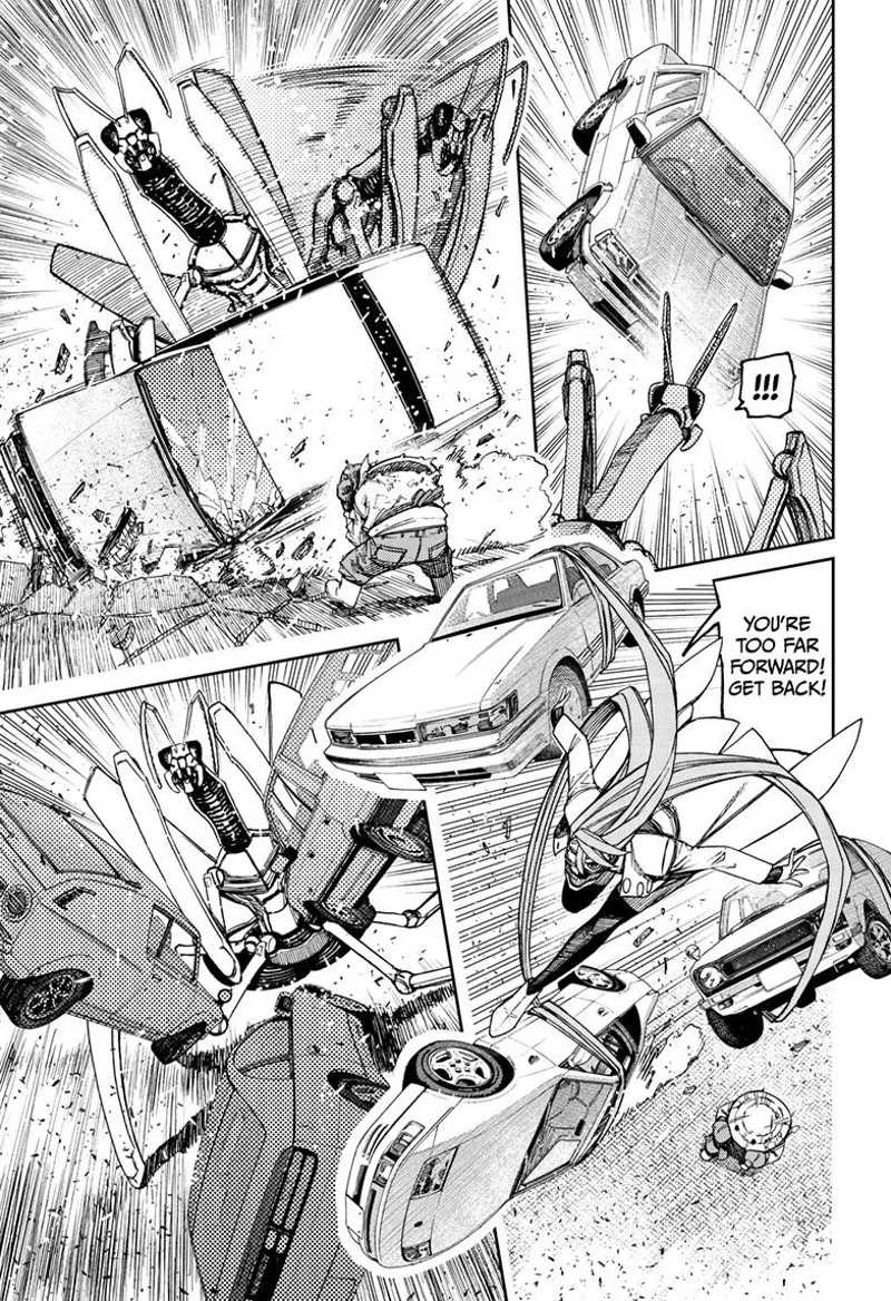 Cursed Aira throws cars at the alien monster.