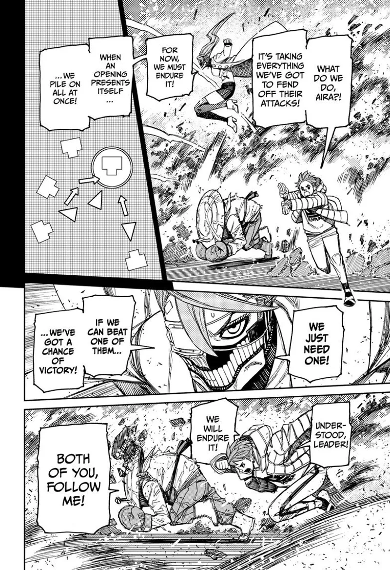 Jiji, Mr. Shrimp, and cursed Aira dodge the explosion behind them. They plan to dodge their attacks.