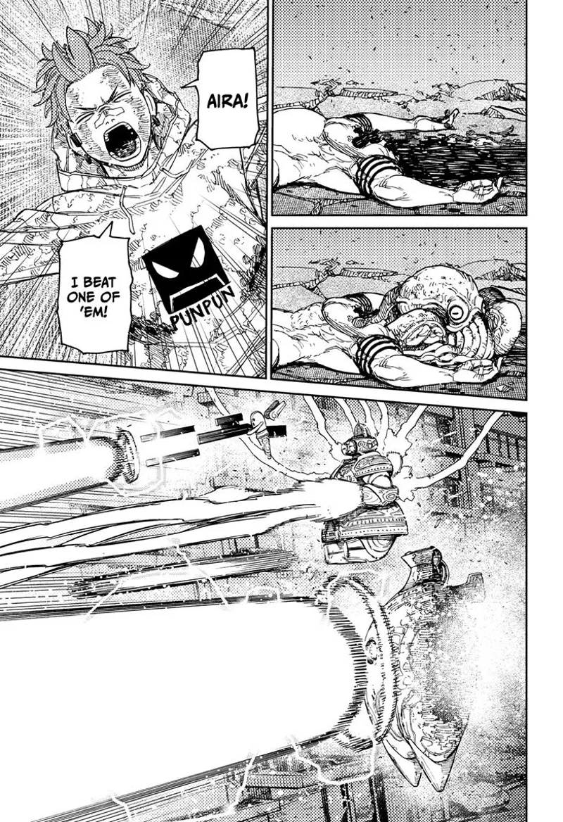 Jiji yells and tells Aira he has defeated one of them. The three aliens fire their attacks.