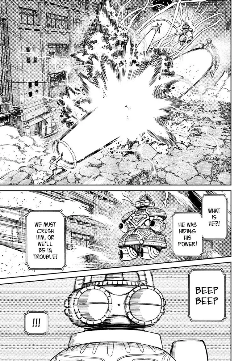 An explosion occurs as the three aliens' attacks collide against Jiji. The fat alien sees Jiji as a threat.