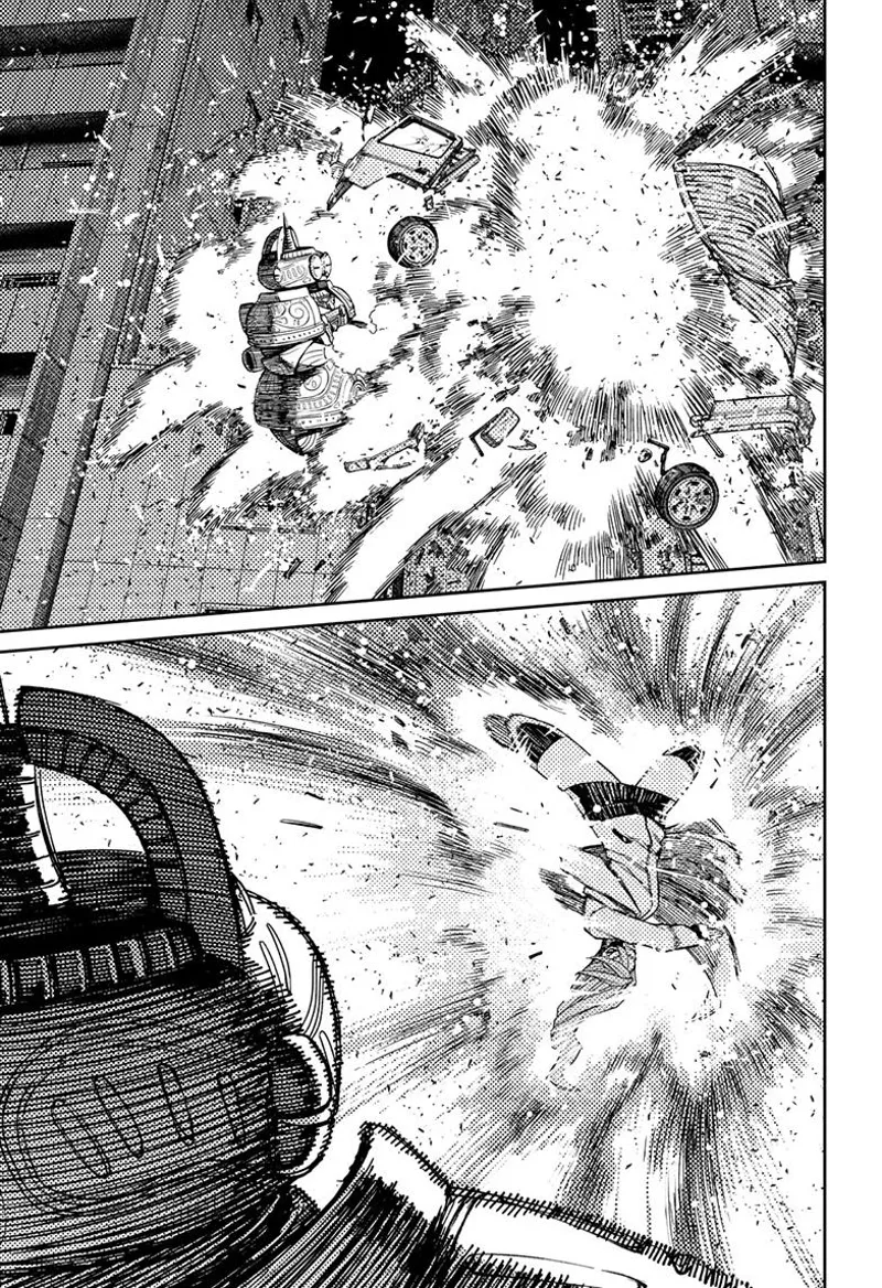 The car explodes in front of the fat alien. Cursed Aira appears from the explosion, ready to kick the enemy.