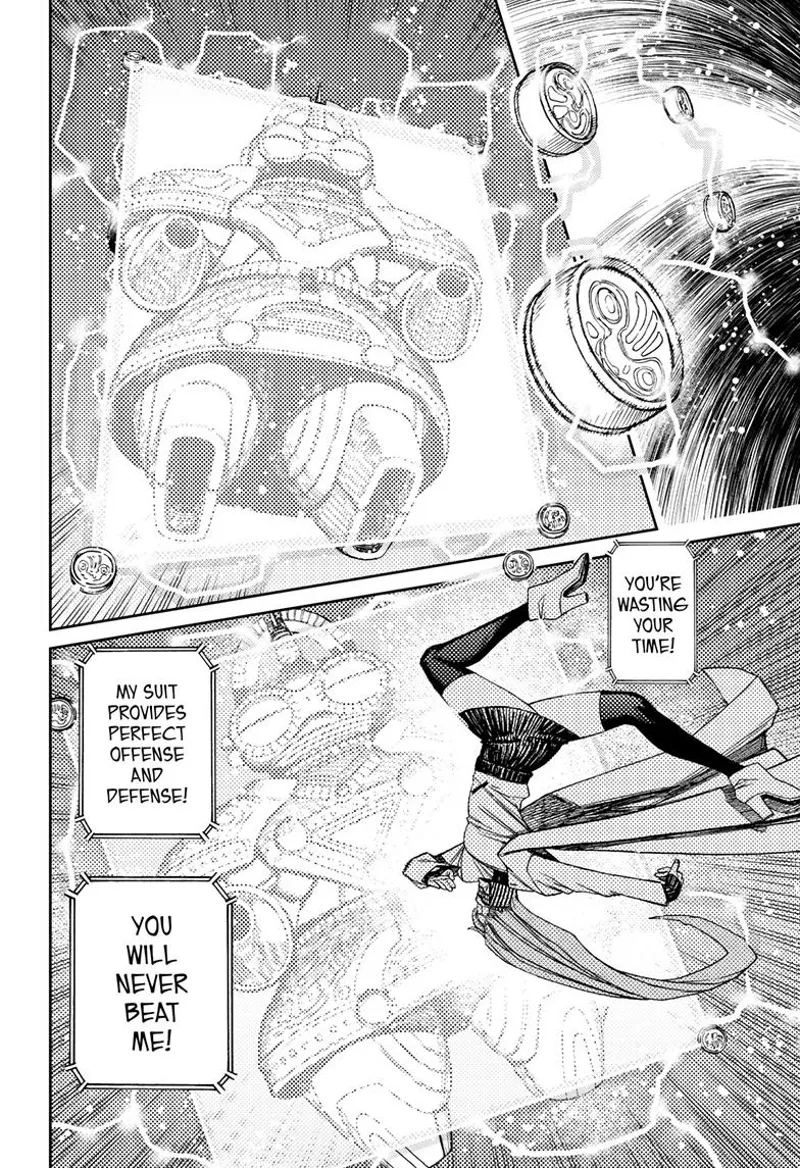 The fat alien deploys a powerful barrier in front to protect him from cursed Aira's kick.