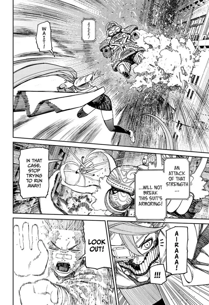 The fat alien reveals Cursed Aira's kick won't break his armor. Jiji calls Aira's attention as he fires "Evil Gun."