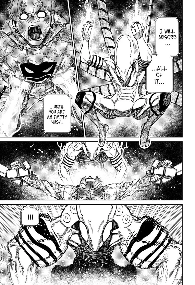 The tentacle alien absorbs Jiji's energy while his fingers are thrust inside his ribcage.